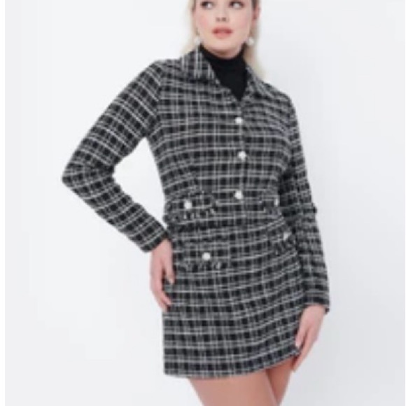 Smak Parlour Jackets & Blazers - Black & White Plaid Double-Breasted Blazer Dress